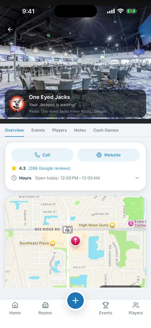 The DirtyStack app showing the One Eyed Jacks room page, with its photo, rating, opening hours and a map.